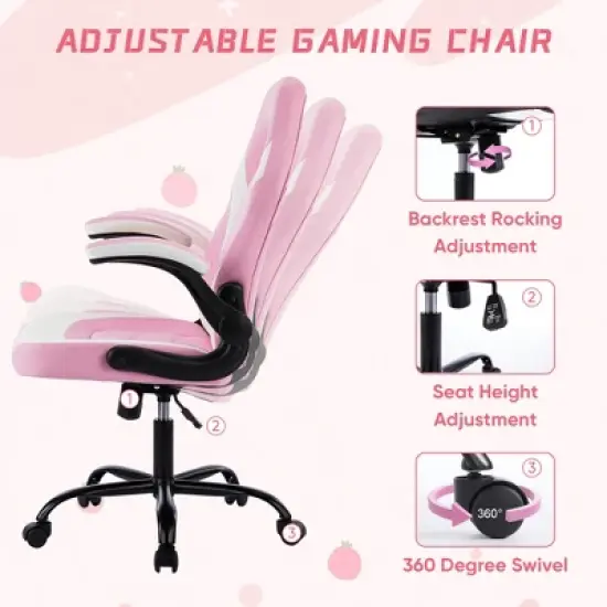 FURNIinspire Task And Office Chairs Pu Leather Office Chair Swivel Computer Gaming Chair With Lumbar Support, Pink And White, 25"*28"*46" image {4}