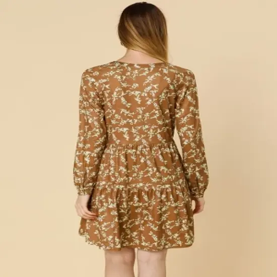 Allegra K Women's Spring Floral Long Sleeves V Neck Casual Babydoll Tiered Dress image {4}