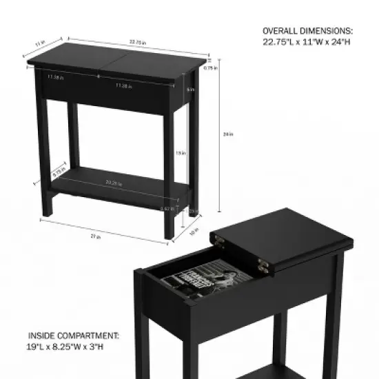 Hastings Home Flip-Top End Table With Hidden Hinged Storage Compartment and Lower Shelf - Matte Black image {2}