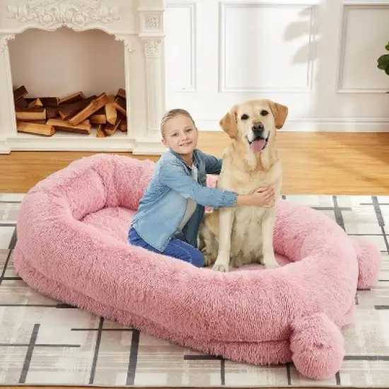 Human Dog Bed, 71''x45''x12'' Large Dog Bed with Blanket, Storage Pockets, Portable Handle, Removable Cover, Human Size Pet Bed image {10}