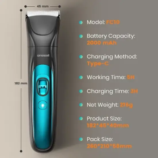Oneisall FC10 Quiet Dog Clippers w/ LED Light, Rechargeable Nail Grinder & Hair Trimmer for Paw & Body image {7}