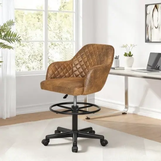 VECELO Drafting Chair with Adjustable Height PU Swivel Stool with Lumbar Support image {20}
