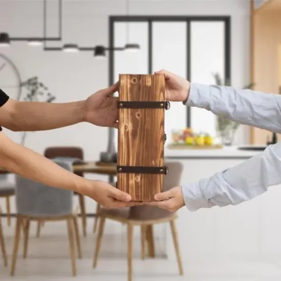 Vintiquewise Vintage Wooden Wine Gift Box &ndash; Rustic Single Bottle Holder with Locking Latch, Decorative Brass Accents, and Faux Leather Straps image {4}