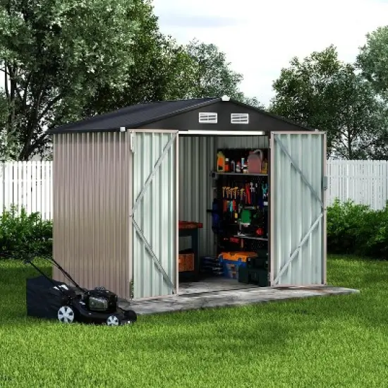 Acekool 6x8x6.4 FT Metal Outdoor Storage Shed with Sloped Roof, Lockable Doors, Air Vents, Rust-Resistant Panels for Backyard & Patio image {7}