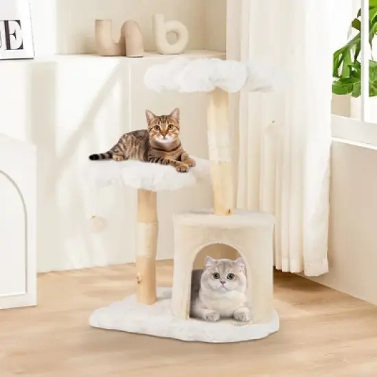 Tangkula Cute Solid Wood Cat Tree Natural Branch Modern Flower Cat Tower w/Soft Long image {2}
