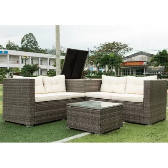 4pc Wicker Patio Seating Set with Cushions - Gray/Beige - GODEER image {2}
