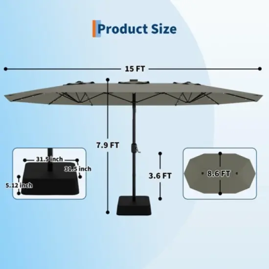 15FT Large Patio Umbrella with Base, Outdoor Double-Sided Rectangle Market Umbrella Outside Umbrellas for Poolside Lawn Backyard image {6}