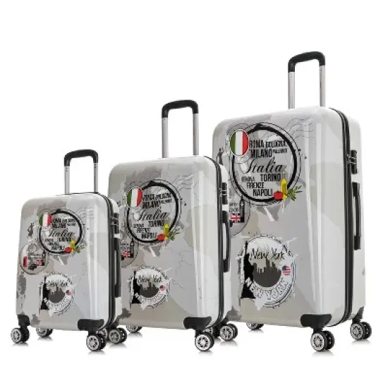 InUSA Large Checked World Print Lightweight Hardside Spinner 3pc Suitcase Set - Gray image {8}