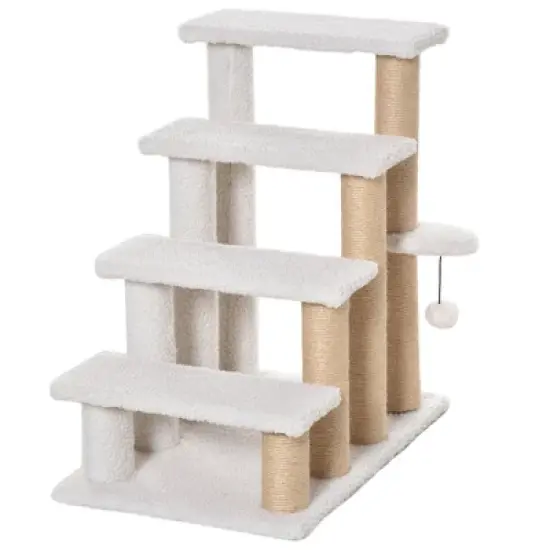 PawHut 4 Levels Cat Steps, Pet Stairs Carpeted Ladder, Kitten Tree Climber with Scratching Posts, Hanging Play Ball, Side Step, for High Bed, Sofa image {7}