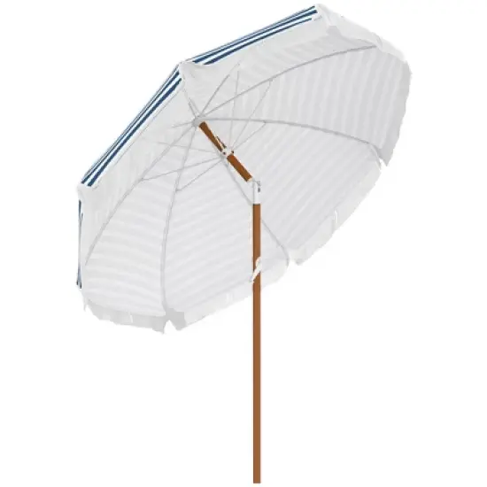 Outsunny Outdoor Umbrella with Tilt, Vent, Fringed Ruffles, Flounce for Table, Deck Parasol, Blue Strip image {6}