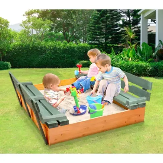 Badger Basket Covered Convertible Cedar Sandbox with Two Bench Seats - Natural/Green image {2}