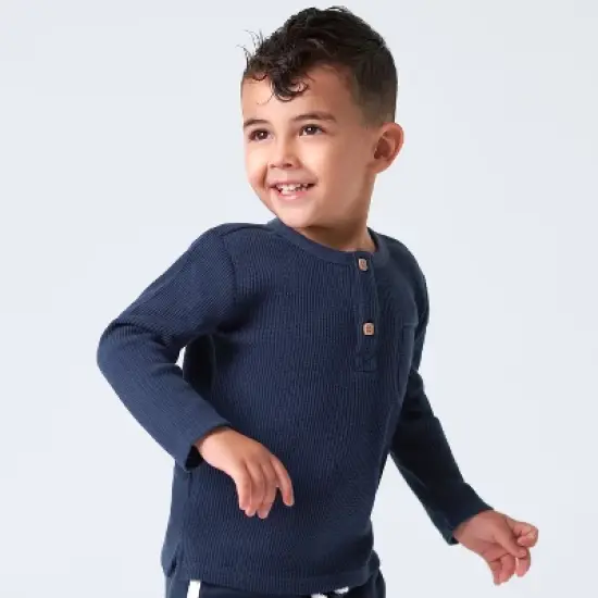 Gerber Toddler Boys' Waffle Knit Henleys - Dusty Blue & Navy - 2-Pack image {1}