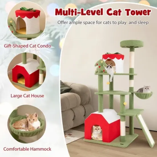 Tangkula 61" Tall Christmas Cat Tree w/ Sisal Scratching Posts Plush Perch & 2 Condos image {7}