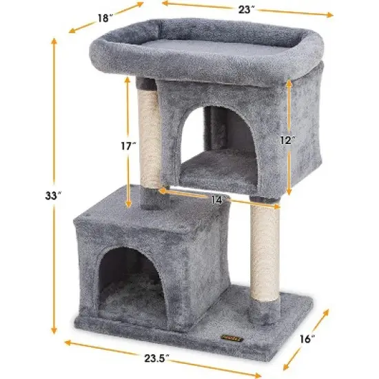 PAWBEE 33" Cat Tree House - 2 Condos & 2 Sisal Scratching Posts - Cat Scratching Post Tower With Ex-Large Plush Perch - Sturdy Base & Anti-Tip Strap image {2}