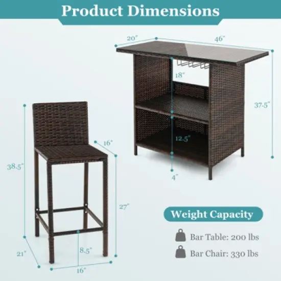 Tangkula 3PCS Wicker Bar Set Height Table 2 Stools w/3 Rows Stemware Racks Garden Patio image {6}
