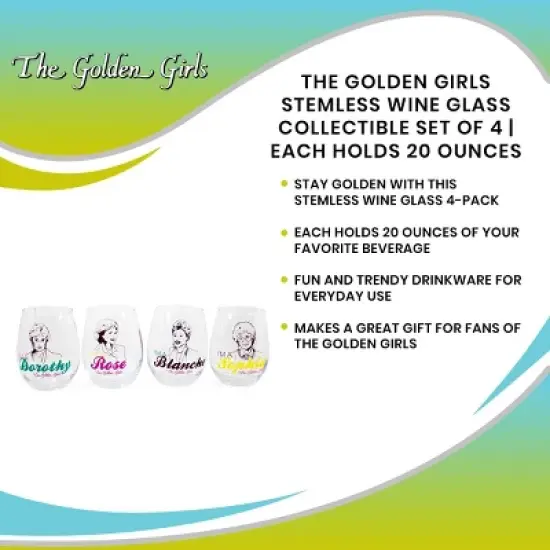 Silver Buffalo The Golden Girls Stemless Wine Glass Collectible Set of 4 | Each Holds 20 Ounces image {6}