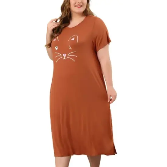 Agnes Orinda Womens Plus Size Short Sleeve Cute Cat Print Pockets Nightgown image {21}