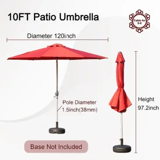 Syemin Outdoor Patio Umbrella with 8 Sturdy Ribs, Push Button Tilt and Crank, Waterproof, UV-Resistant Uitable for Garden, red, 120"*120"*97.2" image {1}