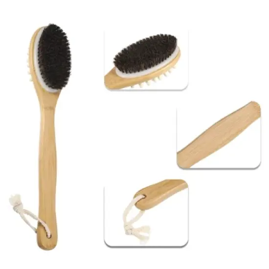 Unique Bargains Double-Side Long Handle Bath Brush for Shower 15.75"x3.03" Deep Brown 1 Pc image {2}
