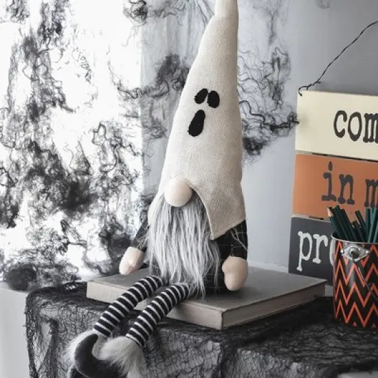 Whisen Fabric Sitting Gnome w/ White Ghost Hat, Halloween Decoration - Black & White image {1}