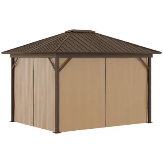 Outsunny 11.9" x 9.8" Hardtop Gazebo with Curtains and Netting, Permanent Pavilion Metal Roof Gazebo Canopy with Aluminum Frame and Top Hook, Brown image {3}