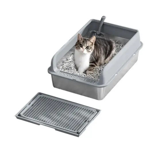 Stainless Steel Cat Litter Box with Lid, Large Litter Box for Big Cats Non-Stick Stainless Steel Cat Boxes with Double Layer Litter Mat and Scoop image {9}