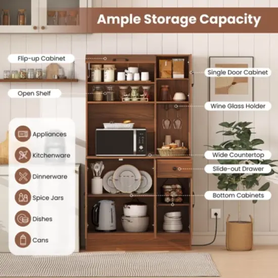 Costway 66" Pantry Cabinet Tall Kitchen Storage Cabinet with Charging Station Brown image {6}