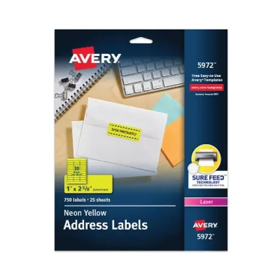 Avery 1 x 2-5/8 High-Visibility Laser Labels- Neon Yellow (750 per Pack): Printable Sticker, 30 Labels/Page image {8}