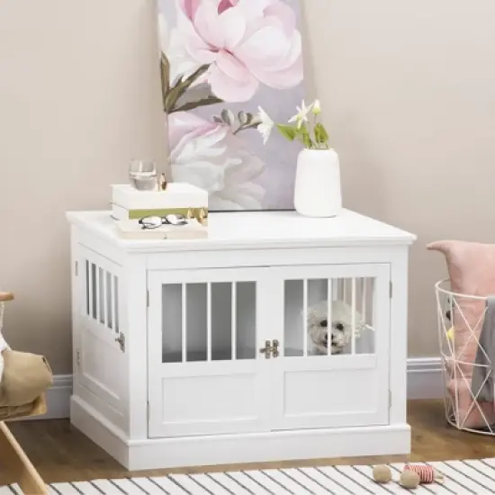 PawHut Dog Crate End Table with Triple Doors, Wooden Dog Crate Furniture Indoor Use, Puppy Crate with and Steel Tubes, for Small Dogs image {1}