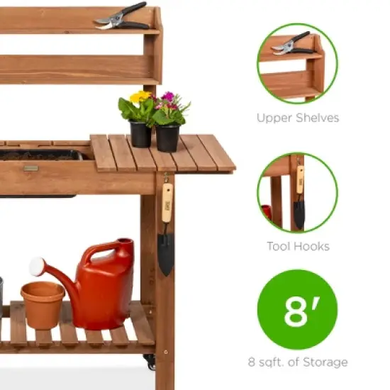 Best Choice Products Wood Garden Potting Bench Workstation Table w/ Sliding Tabletop, 4 Locking Wheels, Dry Sink image {2}