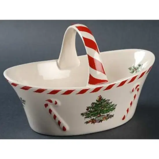 Spode Christmas Tree Candy Basket, 6.5-Inch Candy Bowl with Peppermint Handle, Earthenware Christmas Gift, Festive Holiday Serveware image {5}