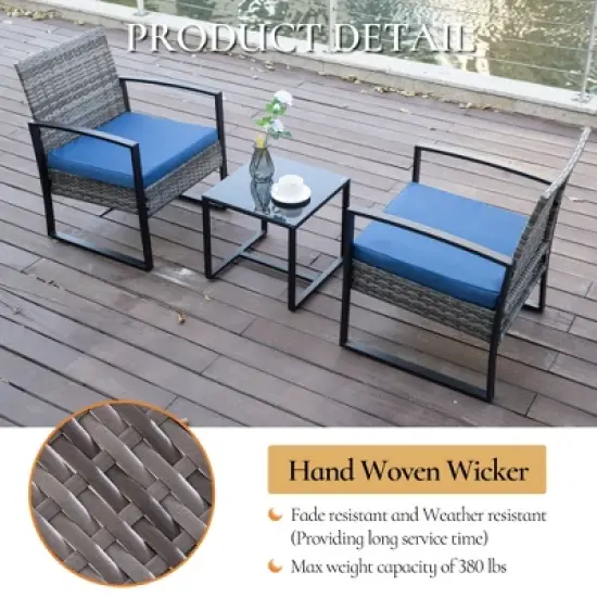 JUJABU 3 Piece Gray Wicker Outdoor Furniture Set with Cushions and Coffee Table image {3}