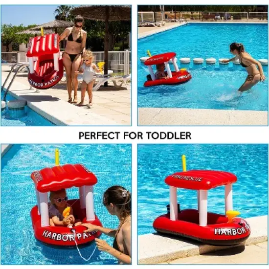 Zone Tech Inflatable Pool Boat Floats for Kids - Toddler Fire Rescue Harbor Patrol Inflatable Boat Pool Float Ride On with Fun Water Toy Squirter image {3}