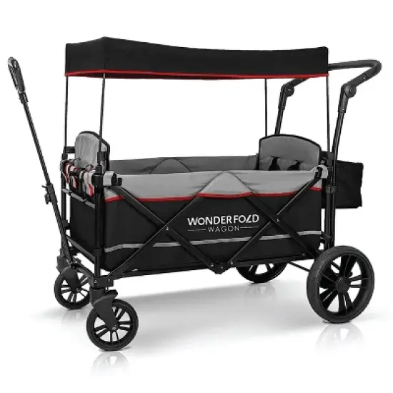 WONDERFOLD X2 Push & Pull Double Stroller Wagon with 5 Point Harnesses, Adjustable Push Handle, Telescopic Handle, and Removable UV-Protection Canopy image {1}