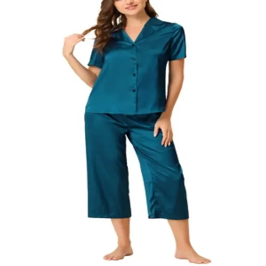 cheibear Womens Pajama Sleepwear Button Down with Capri Pants Satin Lounge Pjs Set image {5}