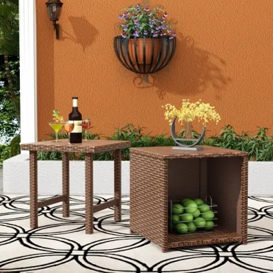 WestinTrends Coastal 2-Piece Wicker Outdoor Storage Ottoman and Square Side Table Set, Brown image {1}