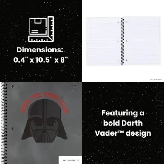 Yoobi Star Wars 1 Subject Notebooks 8"x10.5" Wide Ruled with Pen Darth Vader, School Supplies image {2}