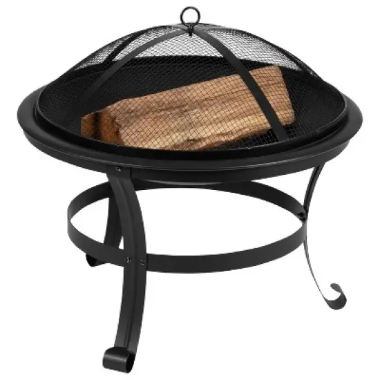 Flash Furniture 22" Round Wood Burning Firepit with Mesh Spark Screen and Poker image {7}