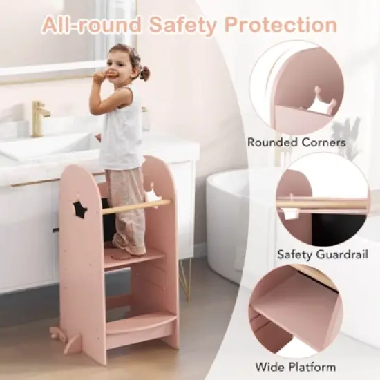 Costway Multi-purpose Kids Kitchen Tower Children Standing Tower Kids Stool Helper White/Pink image {8}