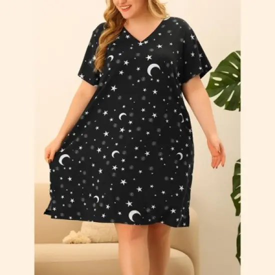 Agnes Orinda Women's Plus Size Comfort Pajamas Star Moon Pattern V Neck Short Sleeve Nightgown image {1}