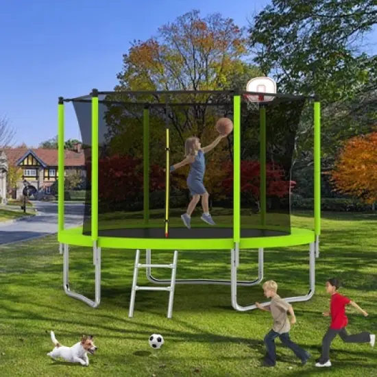 NAYSAYE Trampoline 8FT with Safety Net and Ladder for Outdoor Fun and Kids Fitness, Green, 96.00"*96.00"*79.00" image {1}