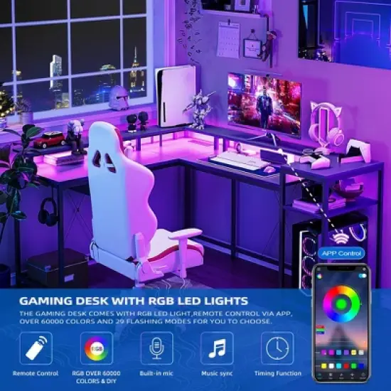 Whizmax L Shaped Gaming Desk,68" Computer Desk with Power Outlets&LED Lights,Home Office Desk with File Drawer,Corner Desk with Monitor Shelf and Hook image {5}