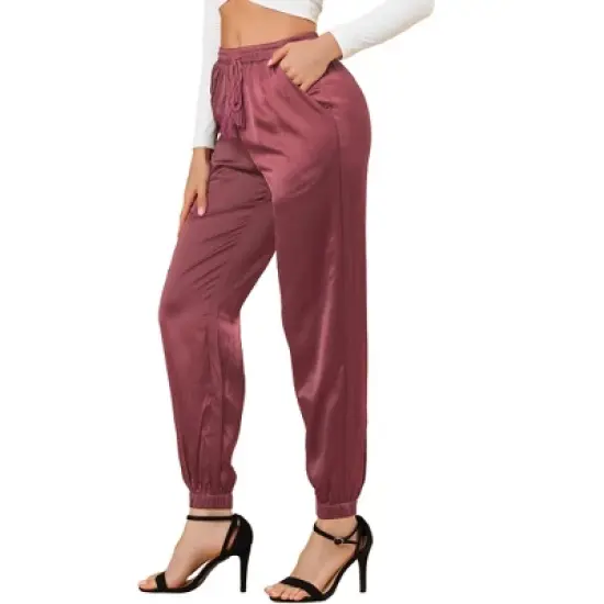 Allegra K Women's Drawstring Elastic Waist Athleisure Pants Ankle Length Satin Joggers with Pocket image {20}