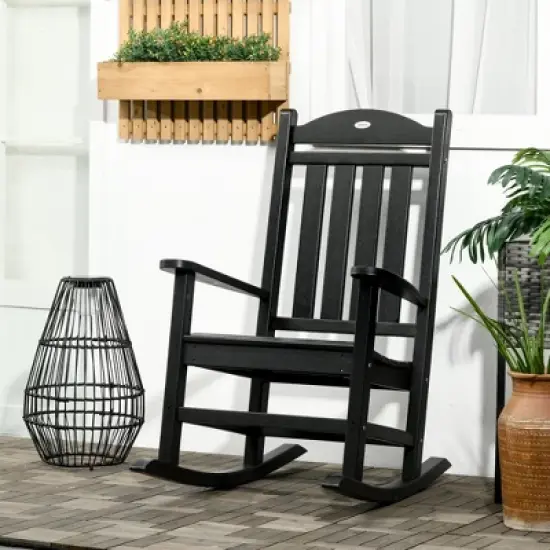 Outsunny Outdoor Rocking Chair, Traditional Slatted Porch Rocker with Armrests, Fade-Resistant Waterproof HDPE for Indoor & Outdoor image {2}