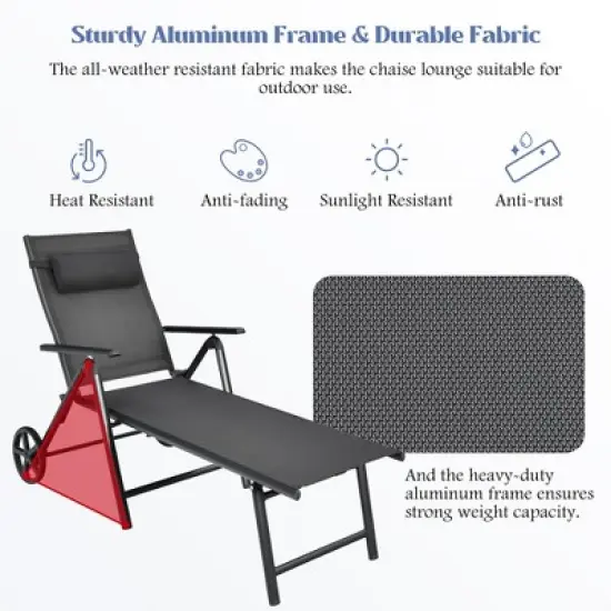 Costway  Patio Lounge Chair W/ Wheels Neck Pillow Aluminum Frame Adjustable image {3}