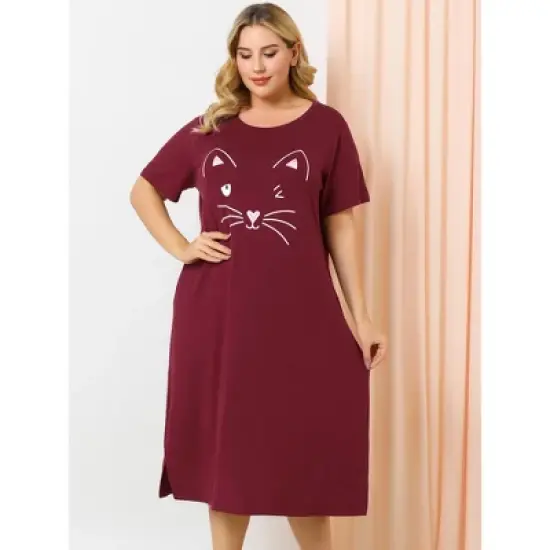 Agnes Orinda Womens Plus Size Short Sleeve Cute Cat Print Pockets Nightgown image {1}