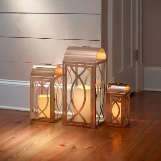 Pebble Lane Living Rogan Metal Lantern Set Rose Gold image {3}