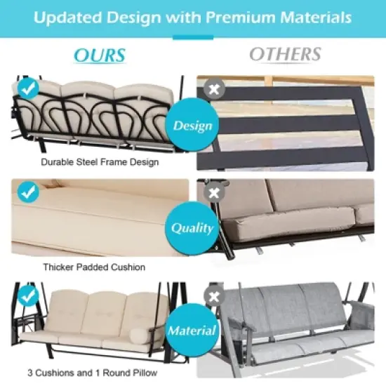 COWLOWN Beige 3 Seat Outdoor Patio Swing Chair for Adults, Adjustable Canopy, Removable Cushion, Ideal for Backyard, Garden, Poolside & Balcony image {7}