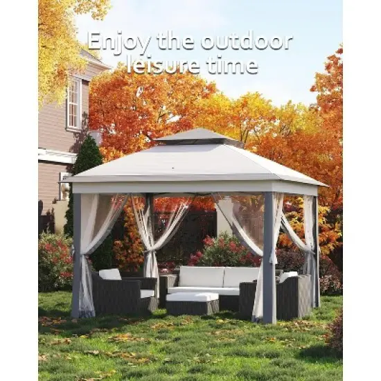 11'x11' Outdoor Metal Gazebo with Mosquito Netting & Zipper Door, UV & Water Resistant Canopy Shelter, Ideal for Backyard, Garden, Deck image {5}