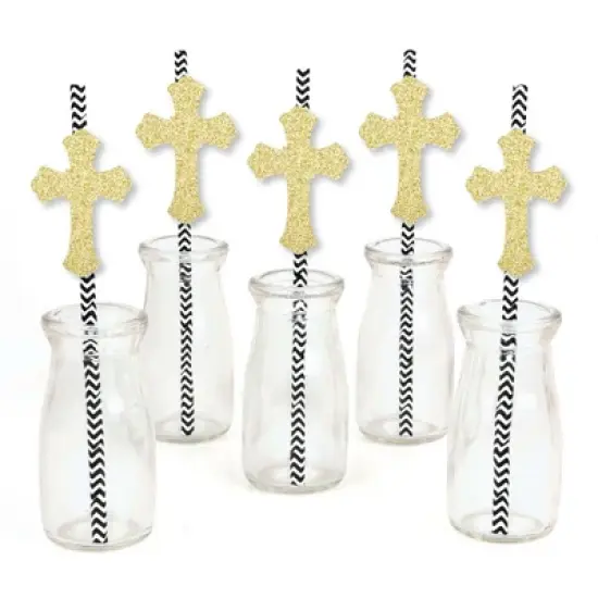 Big Dot of Happiness Gold Glitter Cross Party Straws - No-Mess Real Glitter Cut-Outs & Decorative Baptism or Baby Shower Paper Straws - Set of 24 image {1}